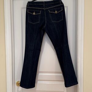 Marshall Rousso Dark Blue Flare Jeans with gold dots on the back pockets